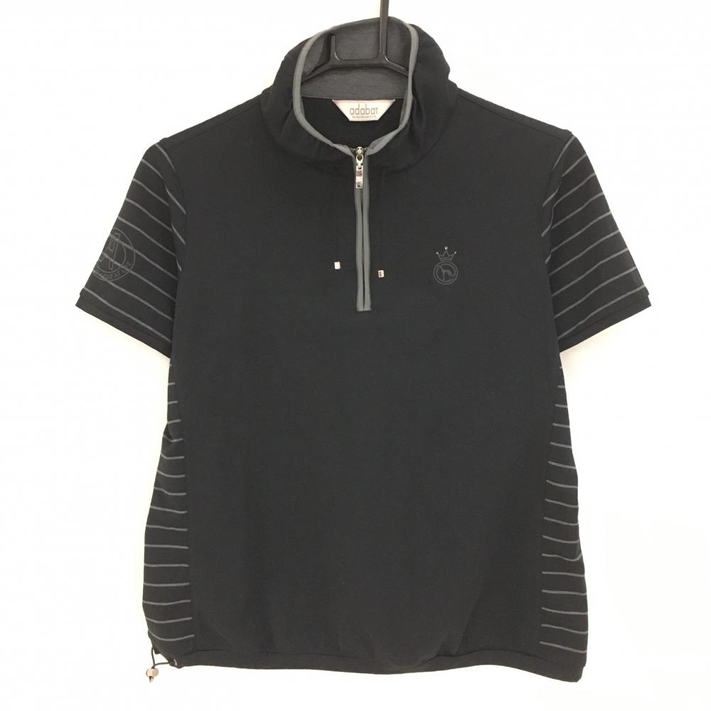 【美品】アダバット 半袖ハイネックシャツ 黒×グレー 袖・サイドボーダー　ハーフジップ  レディース 38(M) ゴルフウェア adabat