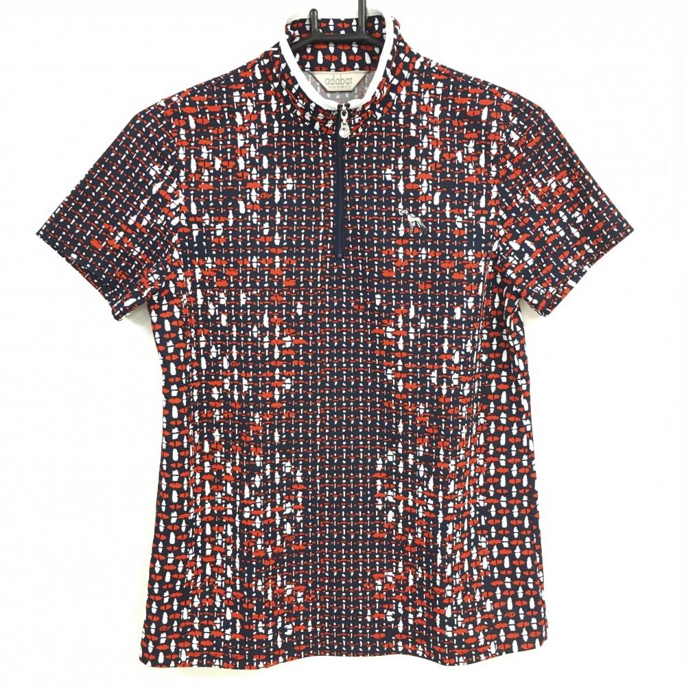 【美品】アダバット 半袖ハイネックシャツ ネイビー×レッド 総柄 ハーフジップ レディース 38(M) ゴルフウェア adabat
