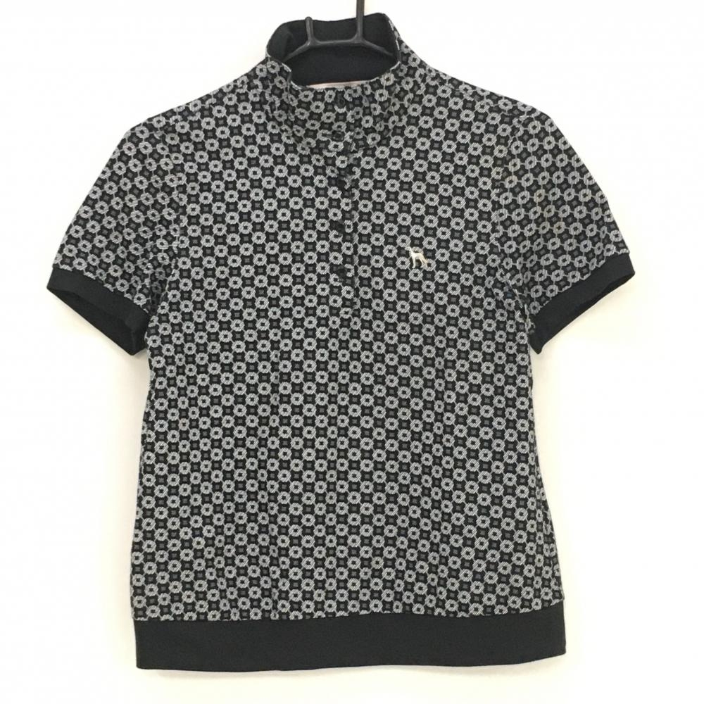【美品】アダバット 半袖ハイネックシャツ 黒×グレー 総柄 ロゴ刺しゅう レディース 38(M) ゴルフウェア adabat