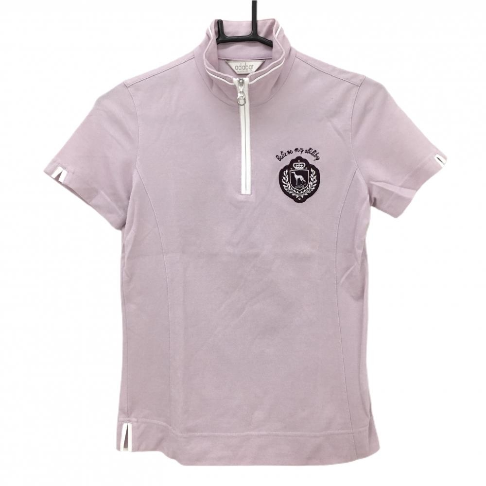 【美品】アダバット 半袖ハイネックシャツ スモーキーピンク ハーフジップ ワッペン レディース 36(S) ゴルフウェア adabat
