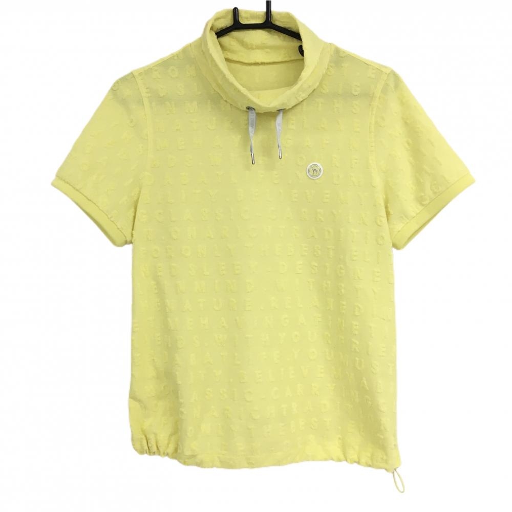 【美品】アダバット 半袖ハイネックシャツ イエロー 立体英字総柄 ロゴワッペン ドローコード  レディース 40(Ｌ) ゴルフウェア adabat
