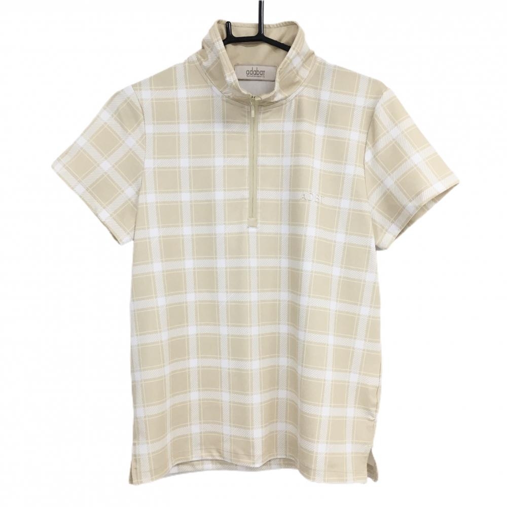 【超美品】アダバット 半袖ハイネックシャツ ベージュ×白 チェック柄 ハーフジップ 立体ロゴ レディース 38(Ｍ) ゴルフウェア adabat