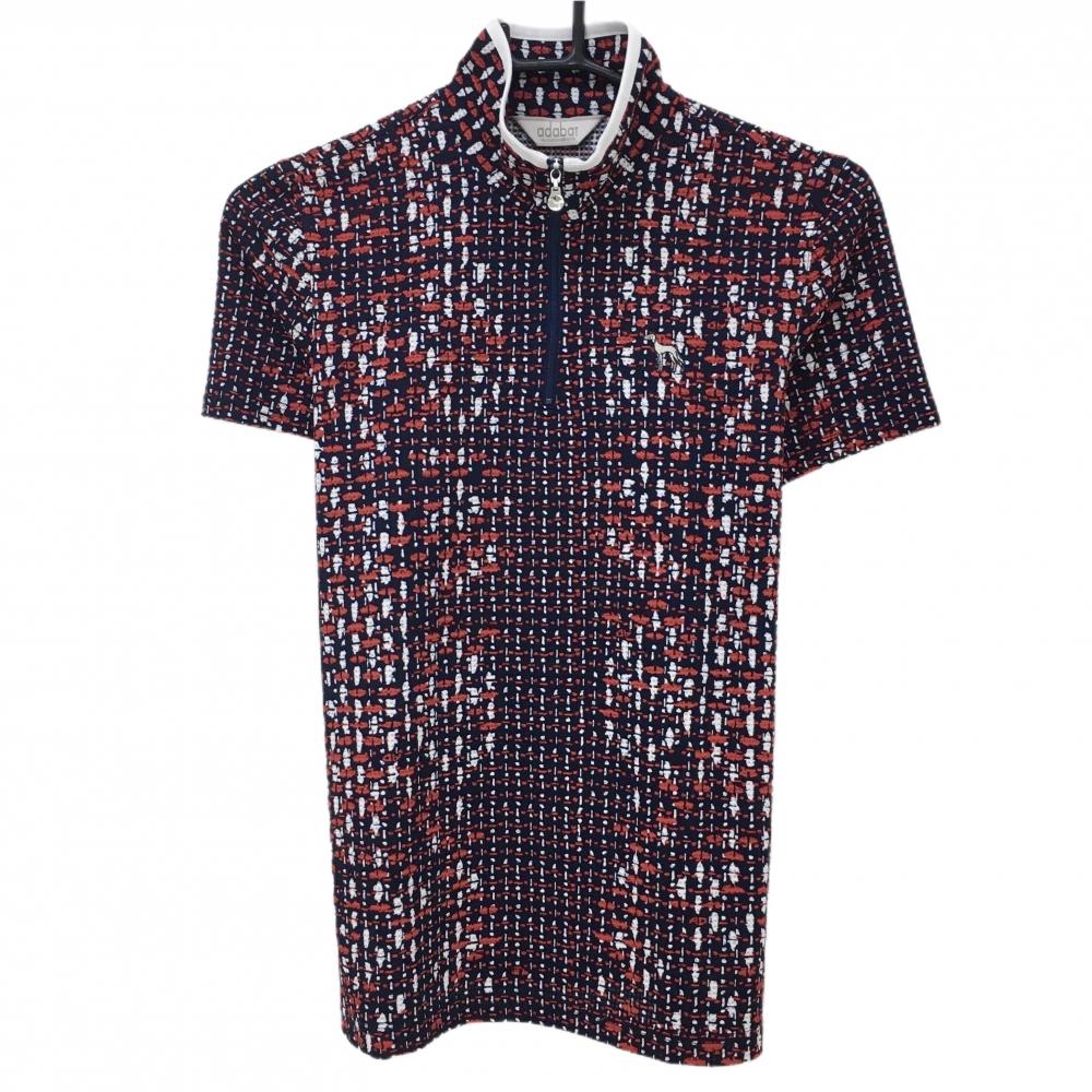 【超美品】アダバット 半袖ハイネックシャツ ネイビー×レッド ツイード風 凸凹生地 ハーフジップ  レディース 38(M) ゴルフウェア adabat