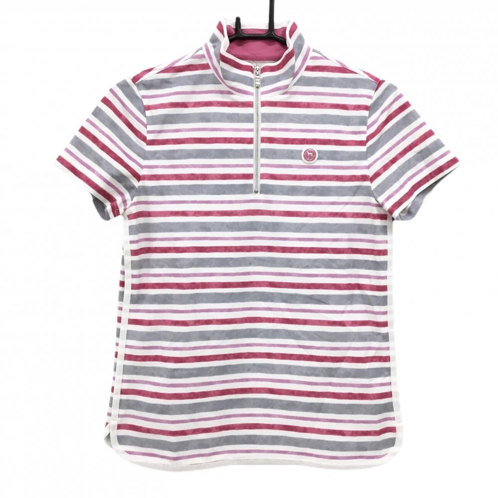 【美品】アダバット 半袖ハイネックシャツ 白×レッドピンク ボーダー ハーフジップ ロゴワッペン  レディース 38(M) ゴルフウェア adabat