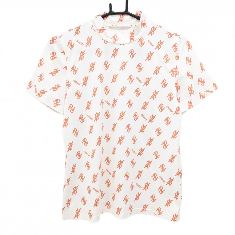 アダバット 半袖ハイネックシャツ 白×オレンジ ロゴ総柄 レディース 38(M) ゴルフウェア adabat