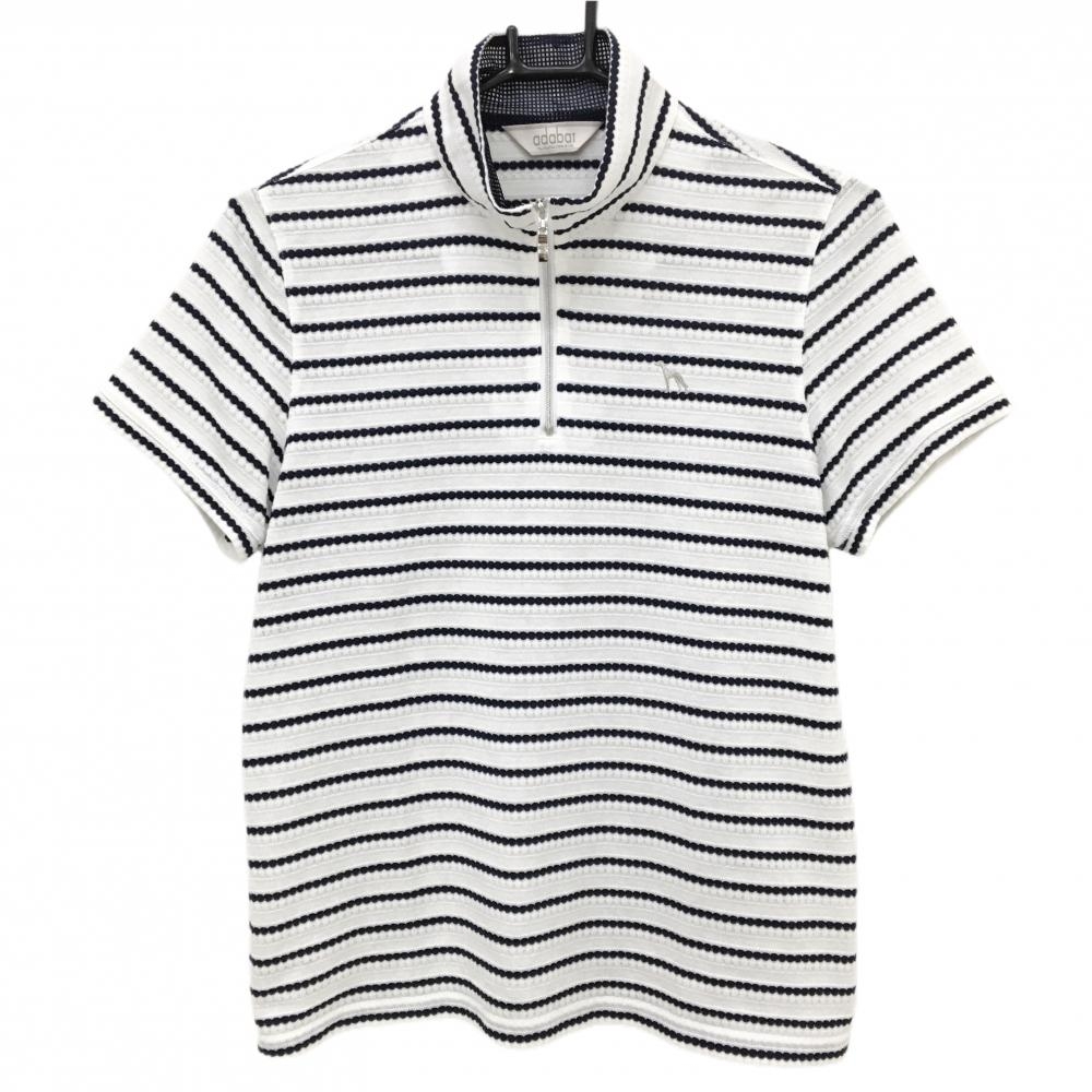 【超美品】アダバット 半袖ハイネックシャツ 白×ネイビー ボーダー ハーフジップ  レディース 40(L) ゴルフウェア adabat