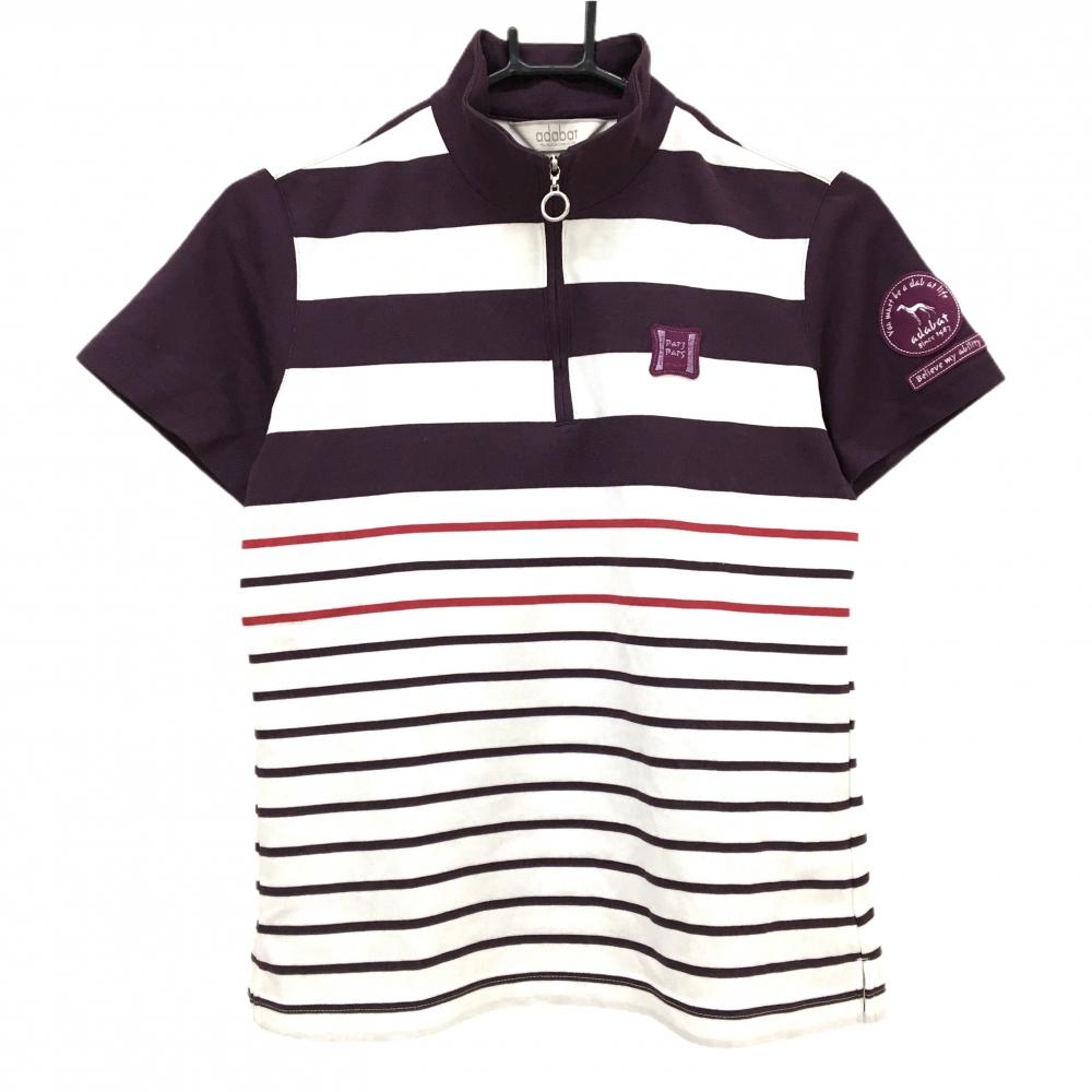 【超美品】アダバット 半袖ハイネックシャツ パープル×白 ボーダー ハーフジップ レディース 38(M) ゴルフウェア adabat
