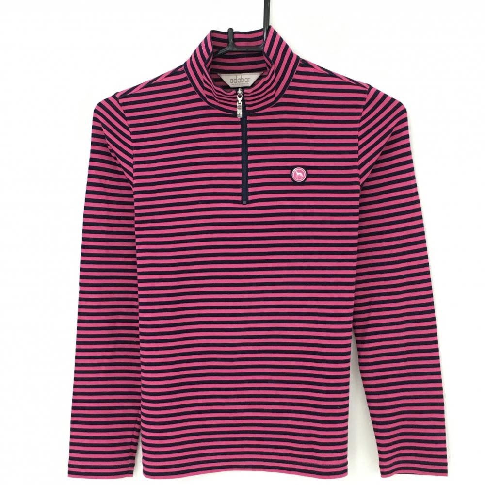 【美品】アダバット 長袖ハイネックシャツ ピンク×ネイビー ボーダー ハーフジップ レディース 36(S) ゴルフウェア adabat