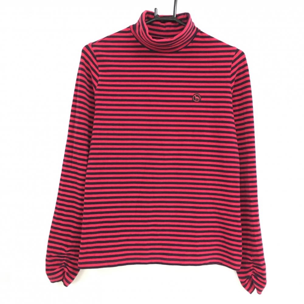 【美品】アダバット 長袖ハイネックシャツ レッド系×黒 ボーダー 表微起毛 アクリル混 レディース 38(M) ゴルフウェア adabat
