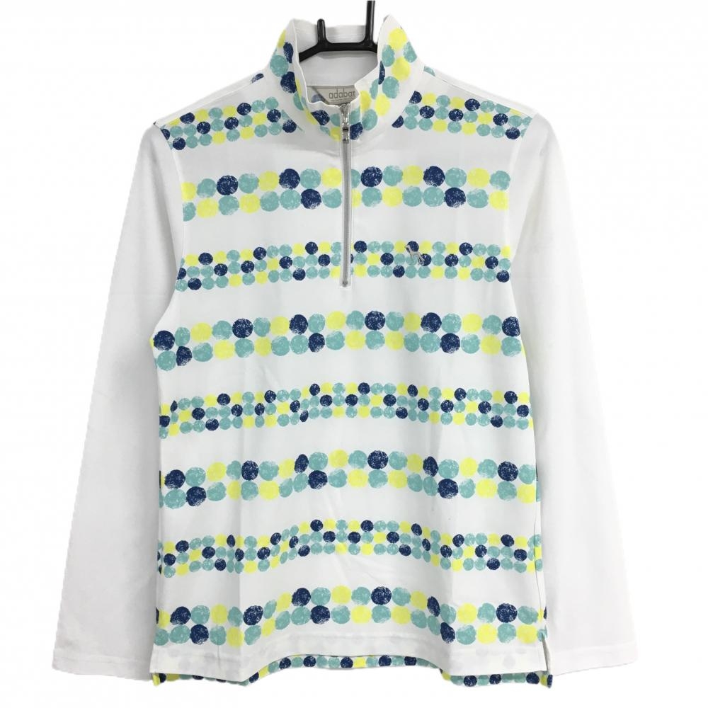 アダバット 長袖ハイネックシャツ 白×ブルー×イエロー 身頃ドット ボーダー ハーフジップ レディース 38(M) ゴルフウェア adabat