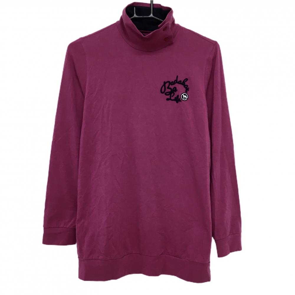 【美品】アダバット 長袖ハイネックシャツ ピンクパープル×ネイビー 微起毛 ネックボタン レディース 38(M) ゴルフウェア adabat