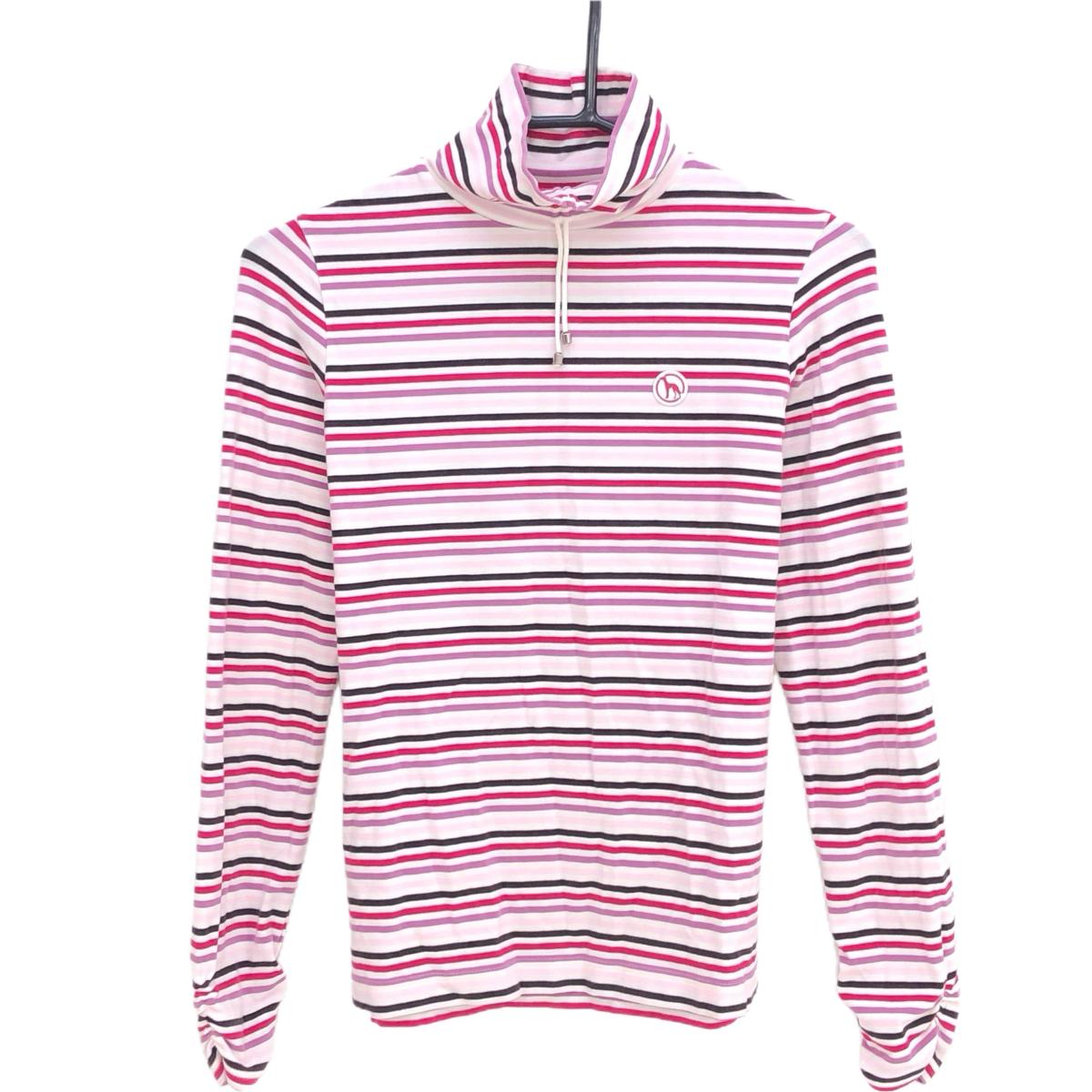 アダバット 長袖ハイネックシャツ 白×ピンク ボーダー 胸元ロゴ アクリル混 レディース 36(S) ゴルフウェア adabat