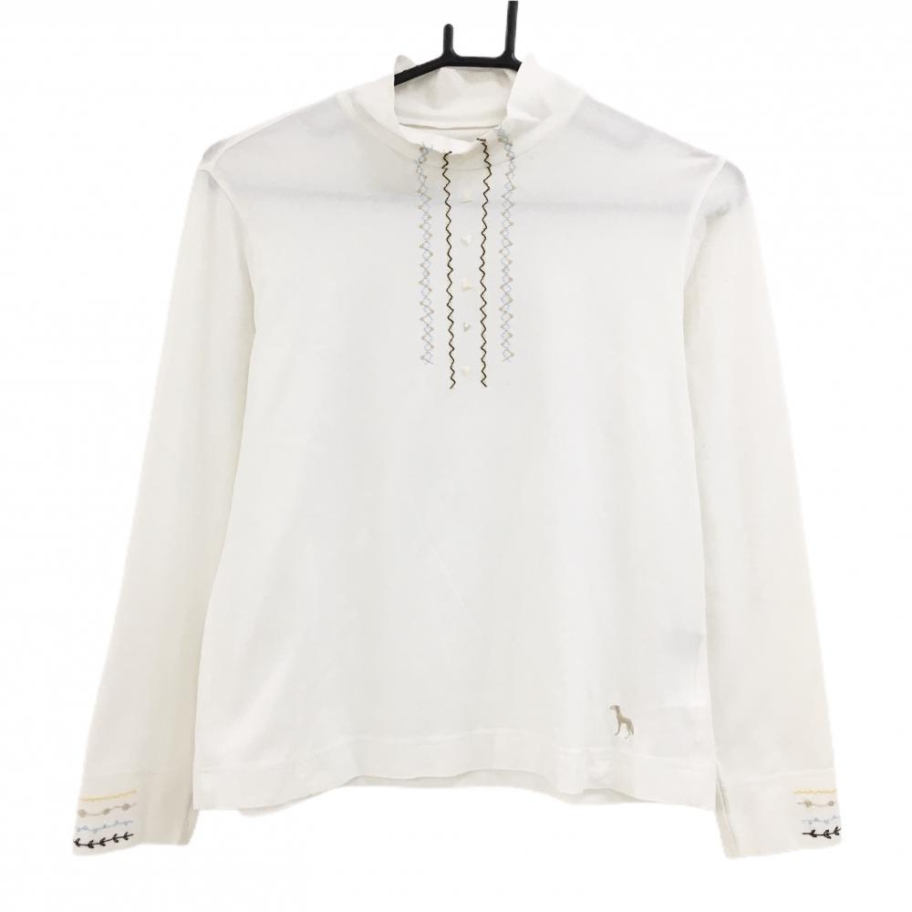 【超美品】アダバット 長袖ハイネックシャツ 白 刺しゅう 右肩汚れ小 レディース II(L) ゴルフウェア adabat