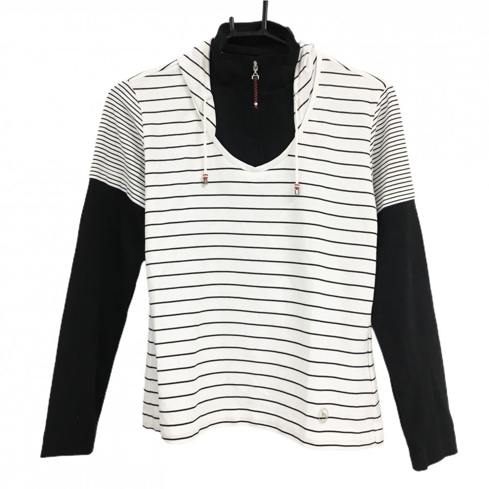 アダバット 長袖ハイネックシャツ 白×黒 重ね着風 ボーダー フード風 レディース 38(M) ゴルフウェア adabat