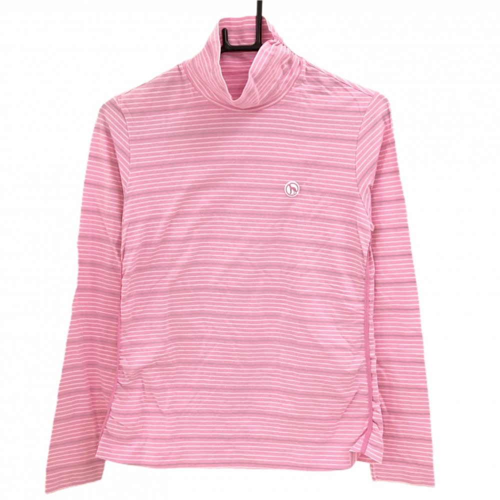【美品】アダバット 長袖ハイネックシャツ ピンク×白 ボーダー ロゴワッペン  レディース 38(M) ゴルフウェア adabat