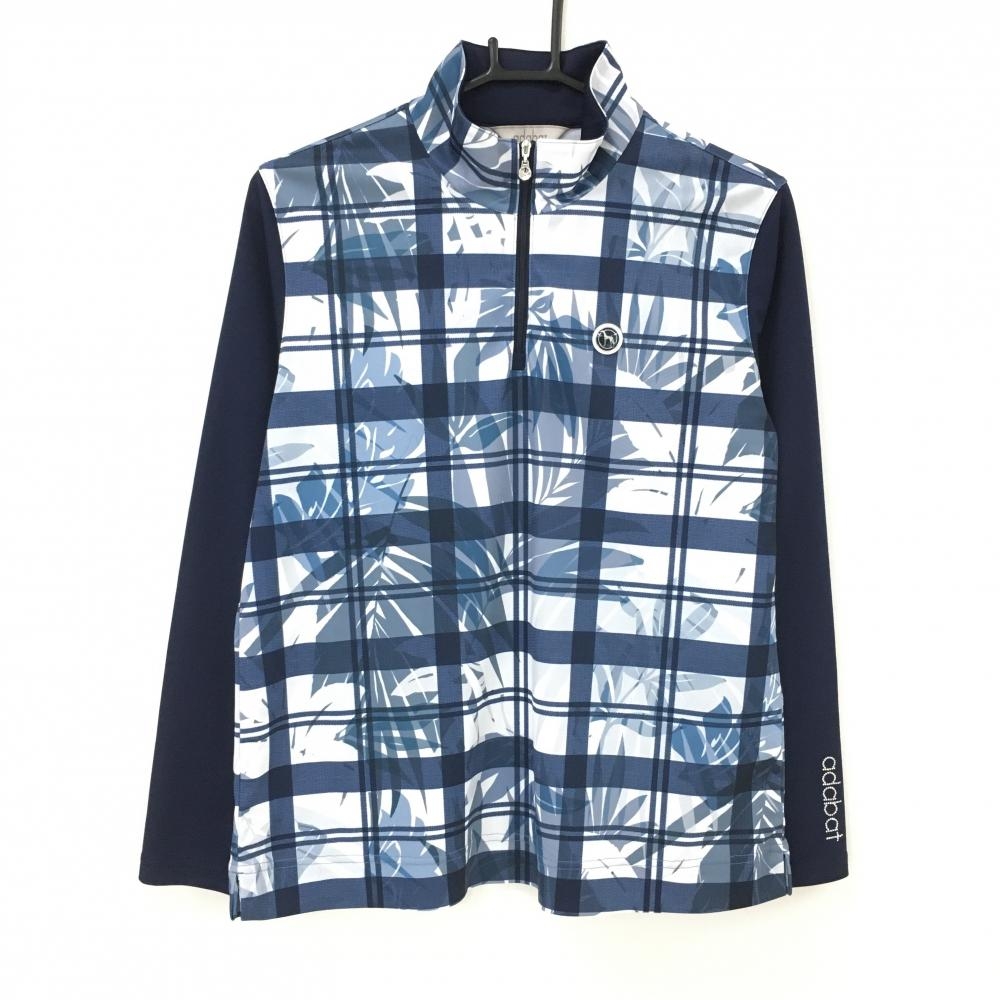 【美品】アダバット 長袖ハイネックシャツ ネイビー×白 身頃総柄 ハーフジップ  レディース XL ゴルフウェア adabat