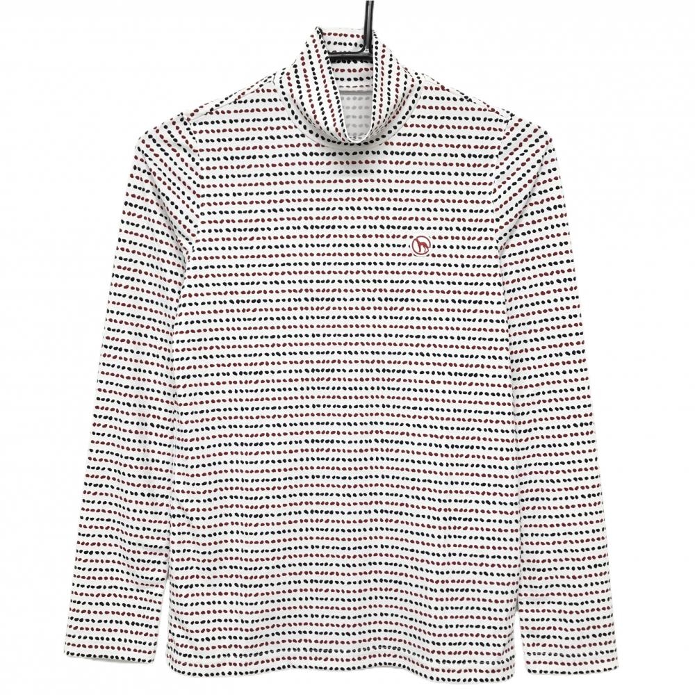 【超美品】アダバット 長袖ハイネックシャツ 白×レッド×黒 ドット風 ロゴワッペン レディース 36(S) ゴルフウェア adabat