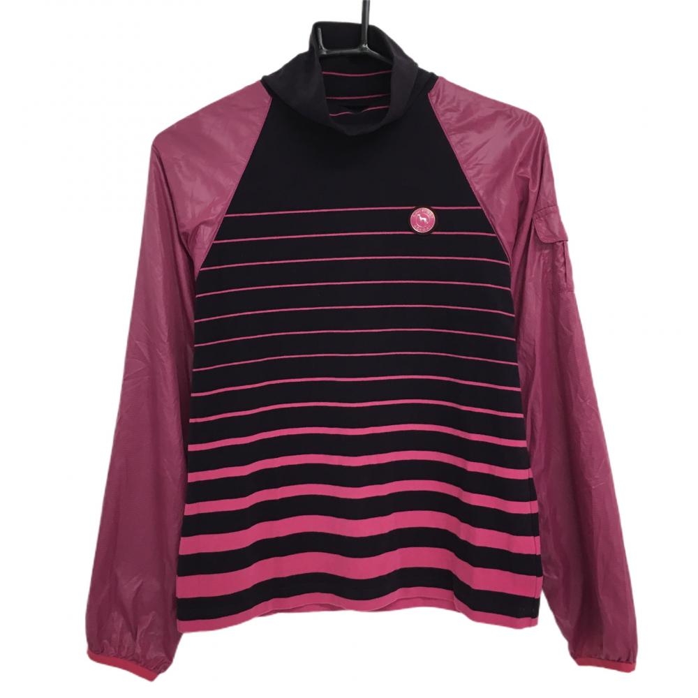 【超美品】アダバット 長袖ハイネックシャツ パープル×ピンク ボーダー 異素材 ロゴワッペン レディース 38(M) ゴルフウェア adabat