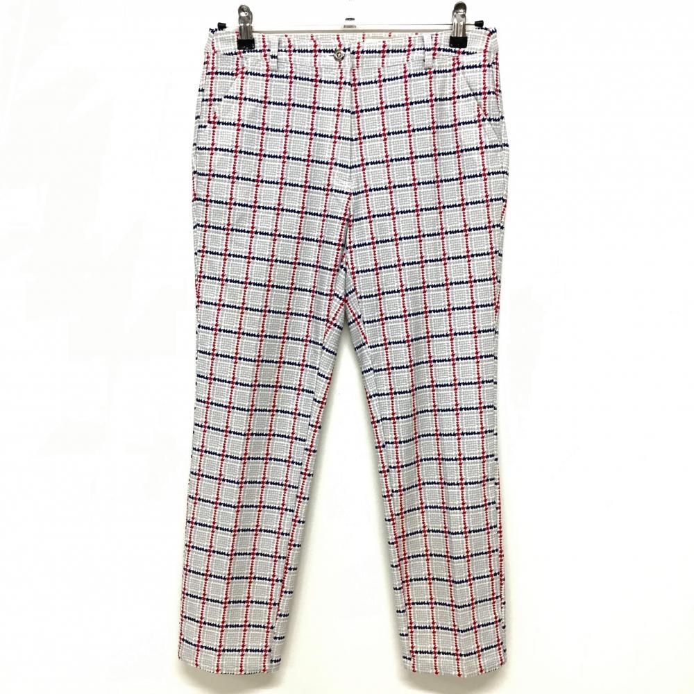 【美品】アダバット ストレッチパンツ ライトグレー×レッド チェック レディース 40(L) ゴルフウェア adabat