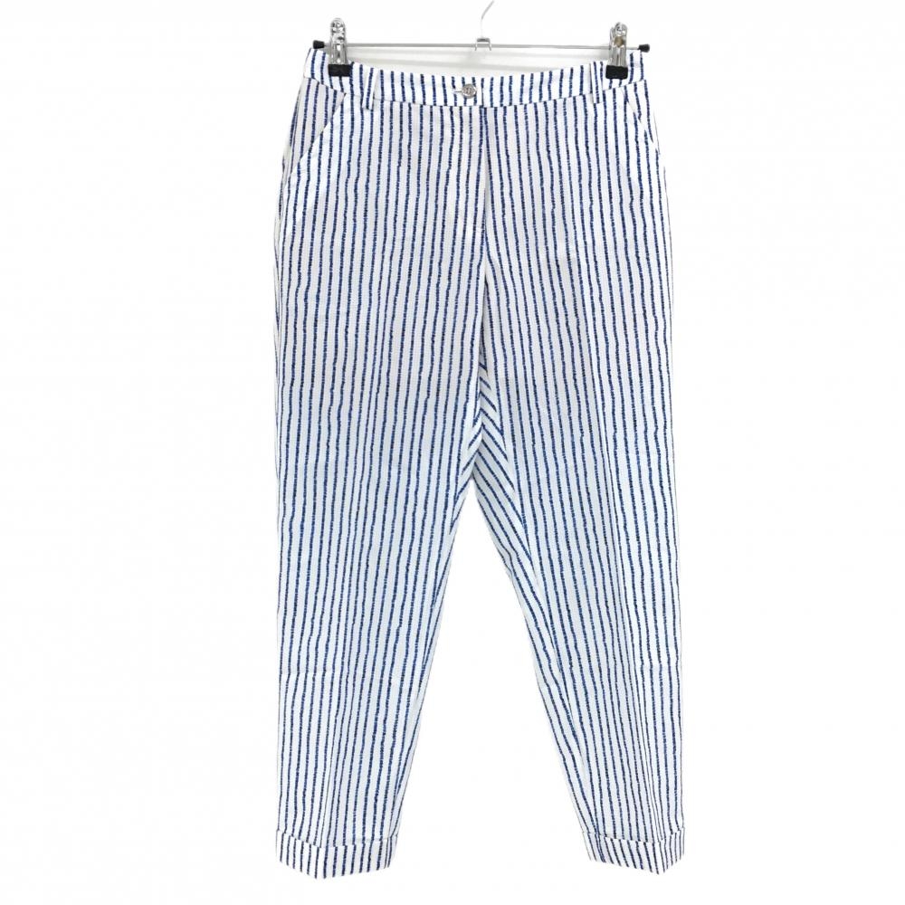【超美品】アダバット パンツ 白×ブルー ストライプ メッシュ調生地 裏地付 レディース 38(M) ゴルフウェア adabat