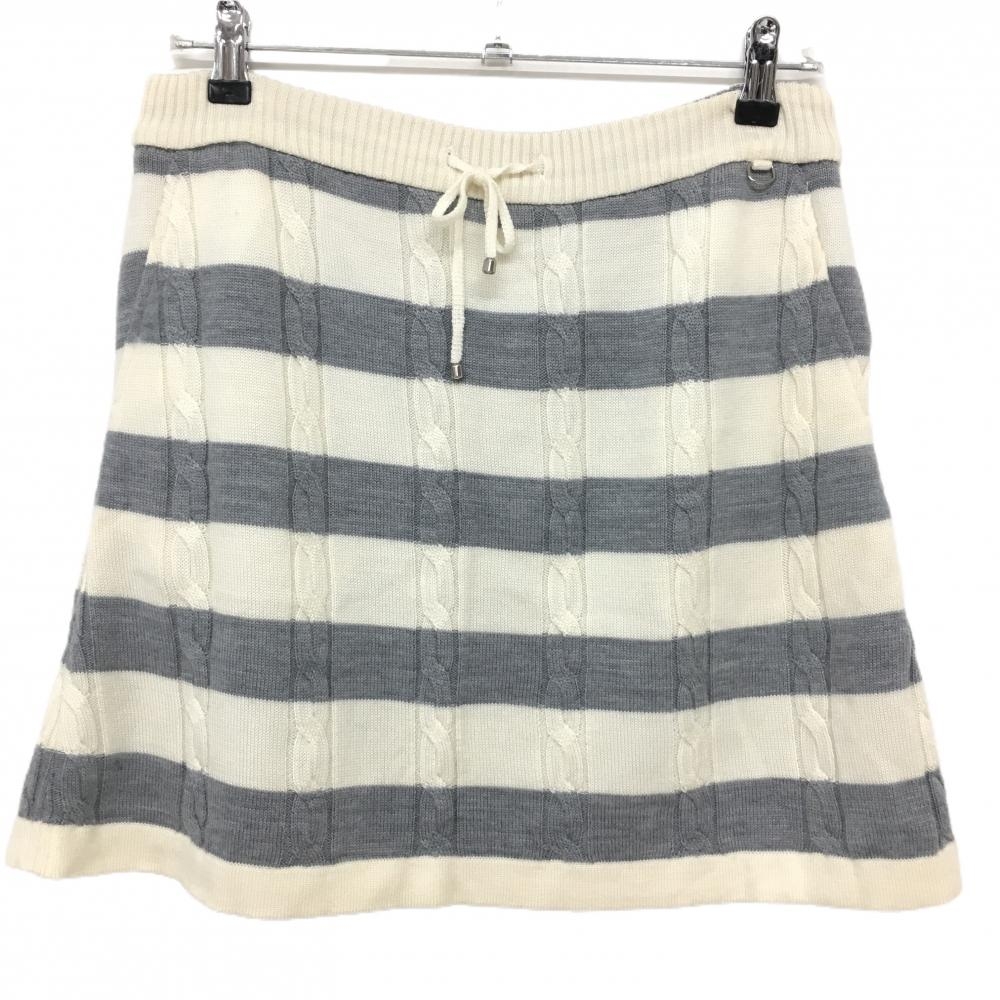 【美品】アダバット ニットスカート アイボリー×グレー ボーダー ケーブル編み 蓄熱裏地  レディース 40(L) ゴルフウェア adabat