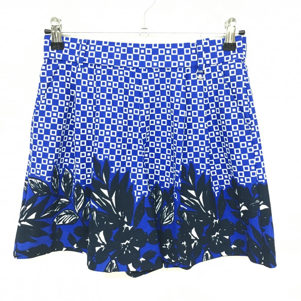 【美品】アダバット キュロットスカート ブルー×白 総柄 下部リーフ柄  レディース 38(M) ゴルフウェア adabat