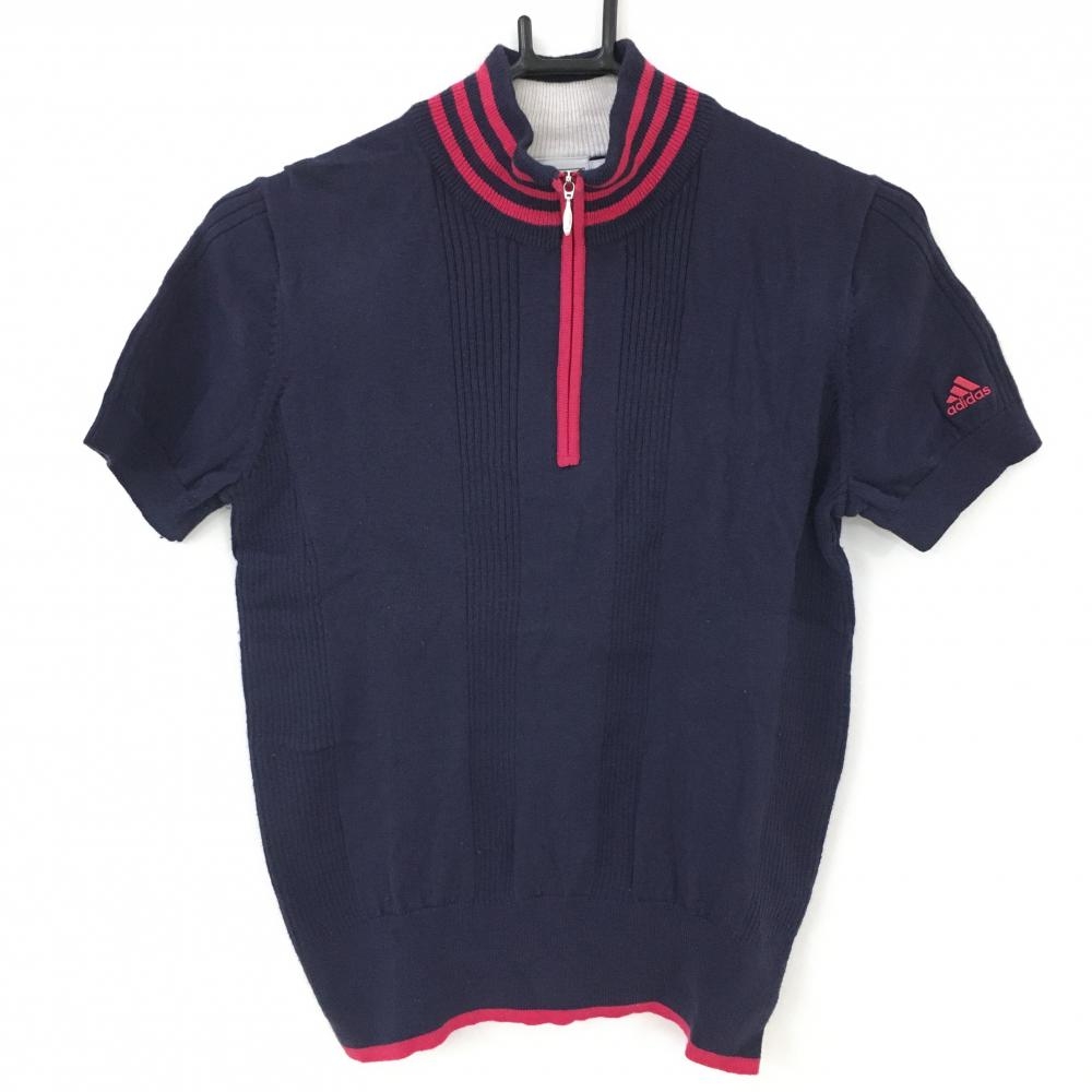 【美品】アディダス 半袖ハイネックセーター ネイビー×ピンク ニット ウール混 ハーフジップ レディース S/P ゴルフウェア adidas