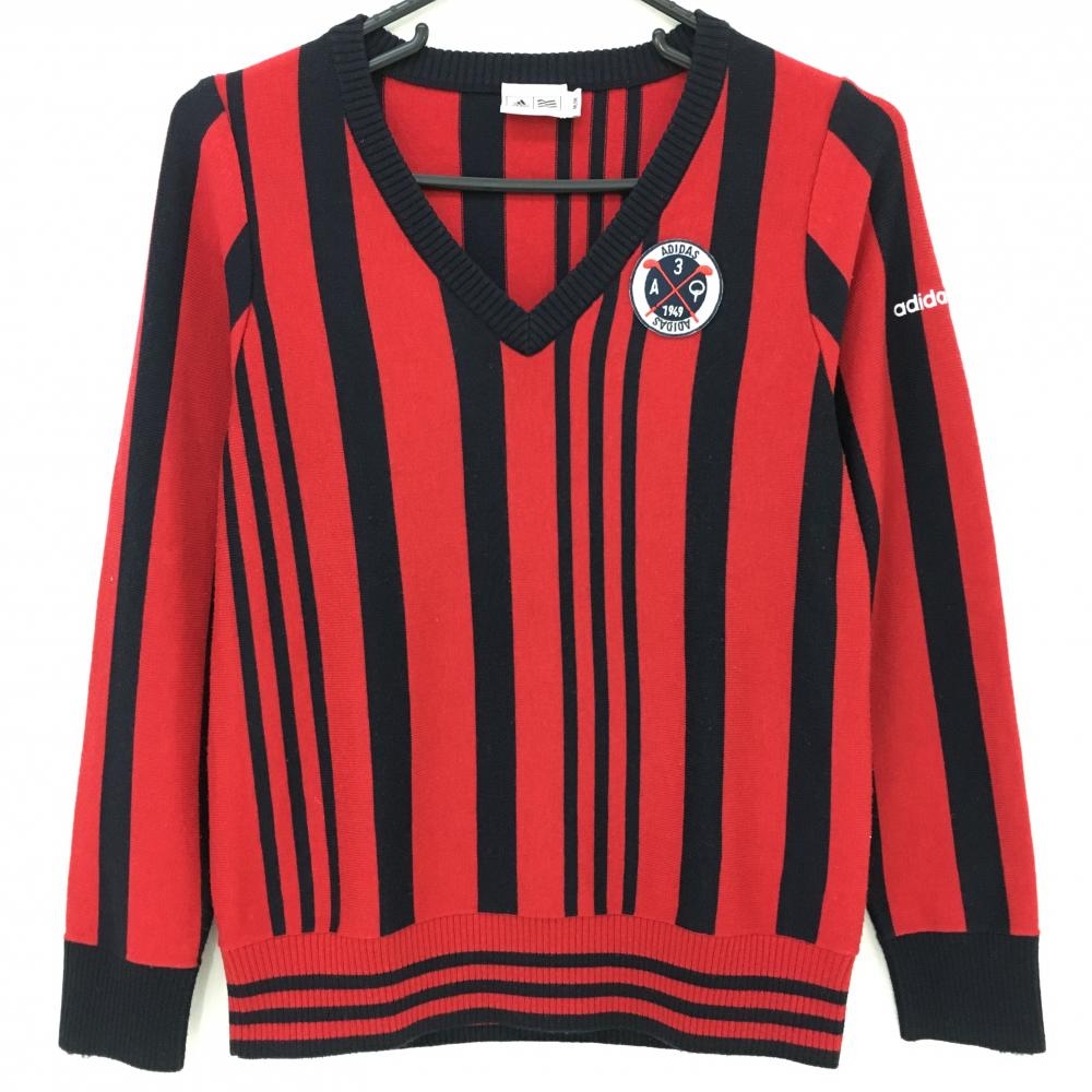 【美品】アディダス セーター レッド×ネイビー ストライプ Vネック レディース M/M ゴルフウェア adidas