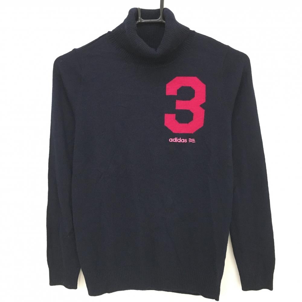 【美品】アディダス ハイネックセーター ダークネイビー×ピンク ニット ウール混 タートル レディース S/P ゴルフウェア adidas
