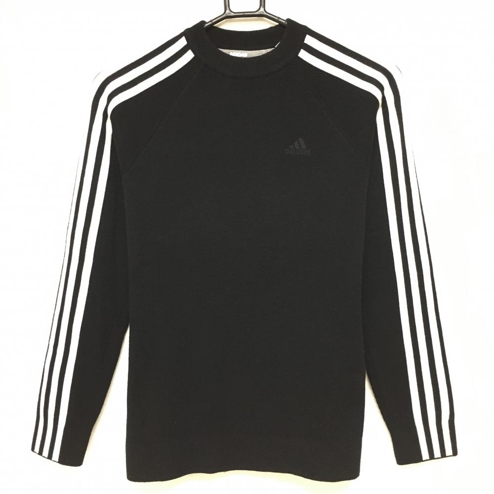 【美品】アディダス セーター 黒×白 袖3ライン ウール混 ニット レディース M ゴルフウェア adidas