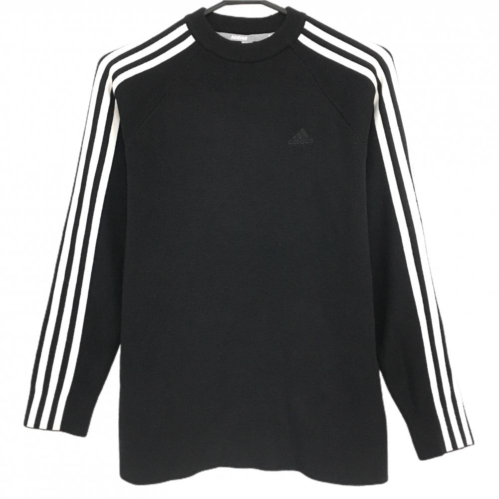 アディダス セーター 黒×白 肩3ライン ロゴ刺しゅう ウール混 ニット レディース OT ゴルフウェア adidas