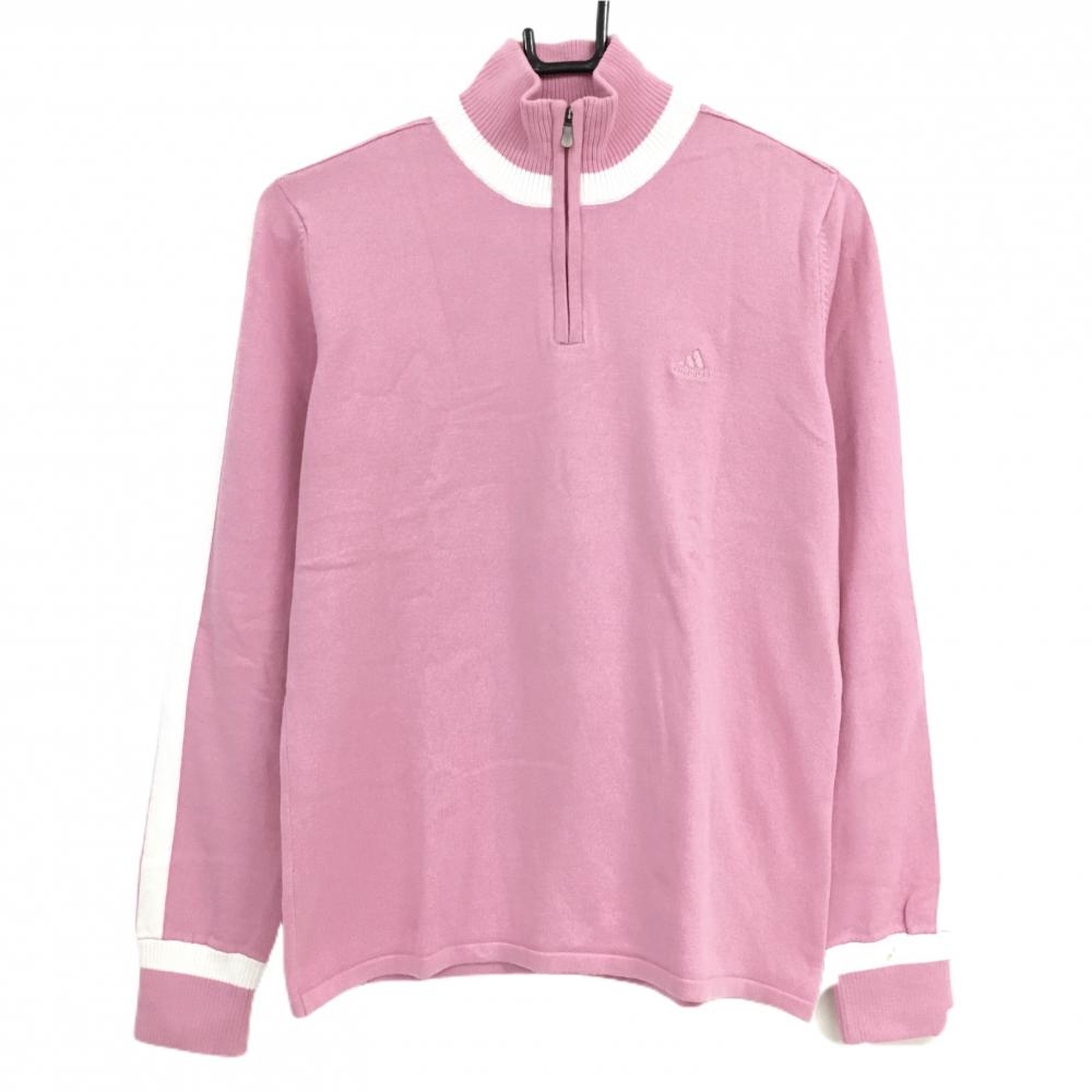 アディダス 長袖ハイネックセーター ピンク×白 ハーフジップ ニット  レディース M/M ゴルフウェア adidas