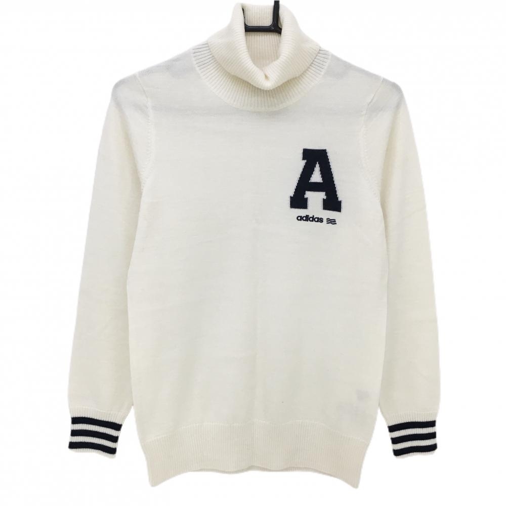 【超美品】アディダス タートルネックセーター 白×ネイビー ニット ウール混 ハイネック レディース L/G ゴルフウェア adidas