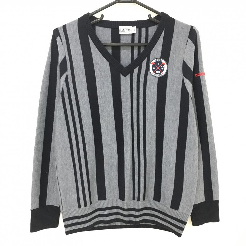 【超美品】アディダス セーター ライトネイビーグレー系×ネイビー ストライプ ニット ウール混  レディース L/G ゴルフウェア adidas