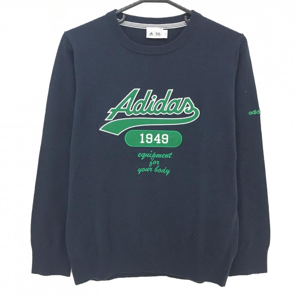 【美品】アディダス セーター ネイビー×グリーン ニット ウール混 レディース L/G ゴルフウェア adidas