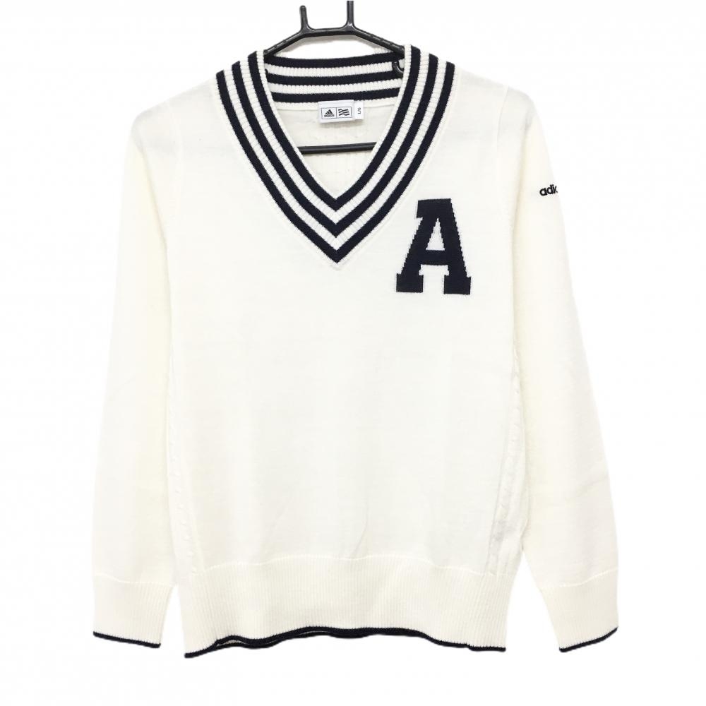 【超美品】アディダス セーター 白×ネイビー ニット ウール混 一部ケーブル編み Vネック レディース L/G ゴルフウェア adidas