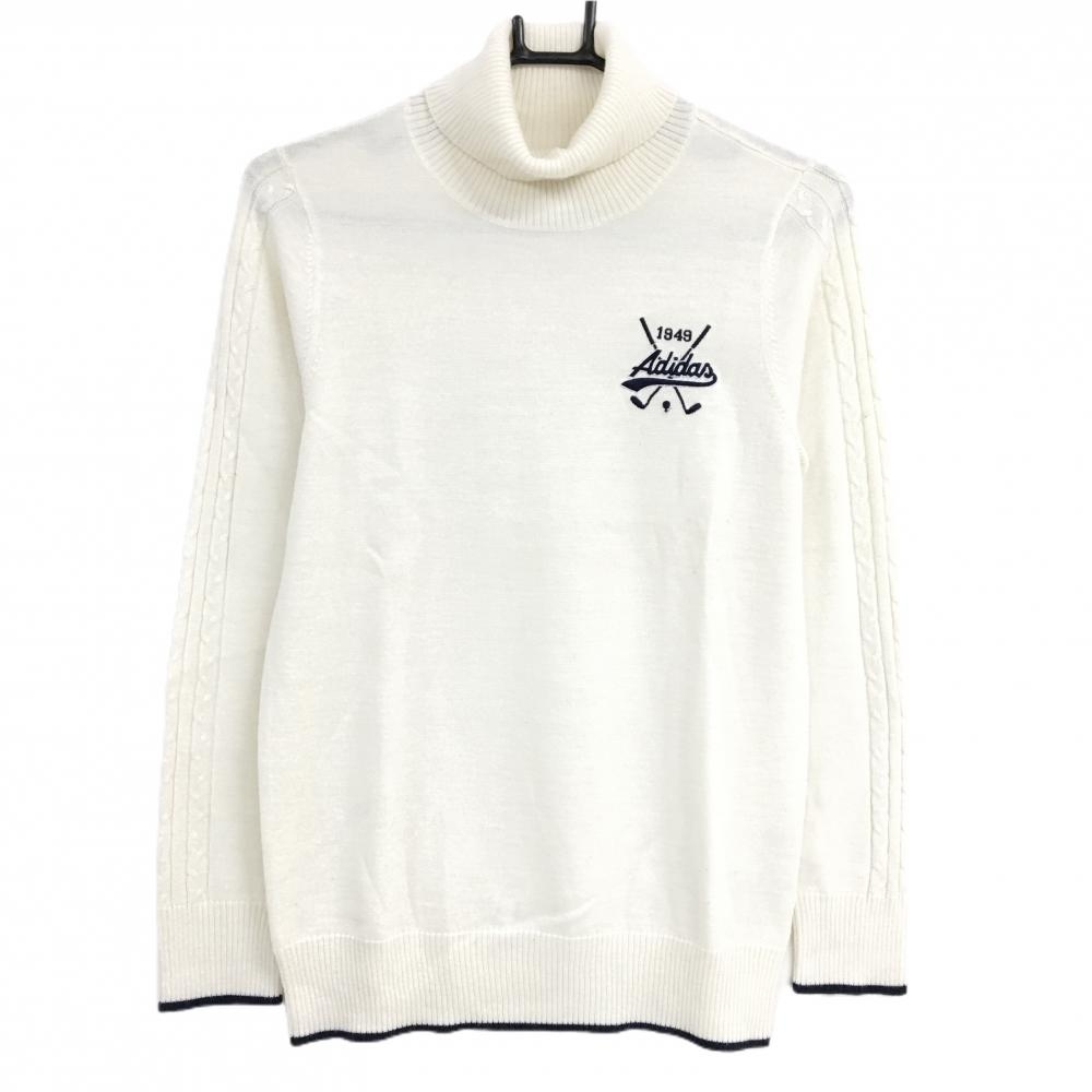 【美品】アディダス タートルネックセーター 白×ネイビー ロゴ刺しゅう ウール混 ニット レディース L/G ゴルフウェア adidas