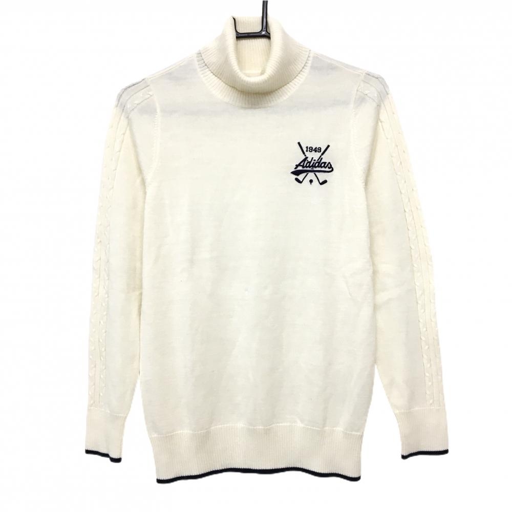 【超美品】アディダス セーター 白×ネイビー 袖ケーブル編み ロゴ刺しゅう ウール混  レディース L/G ゴルフウェア adidas