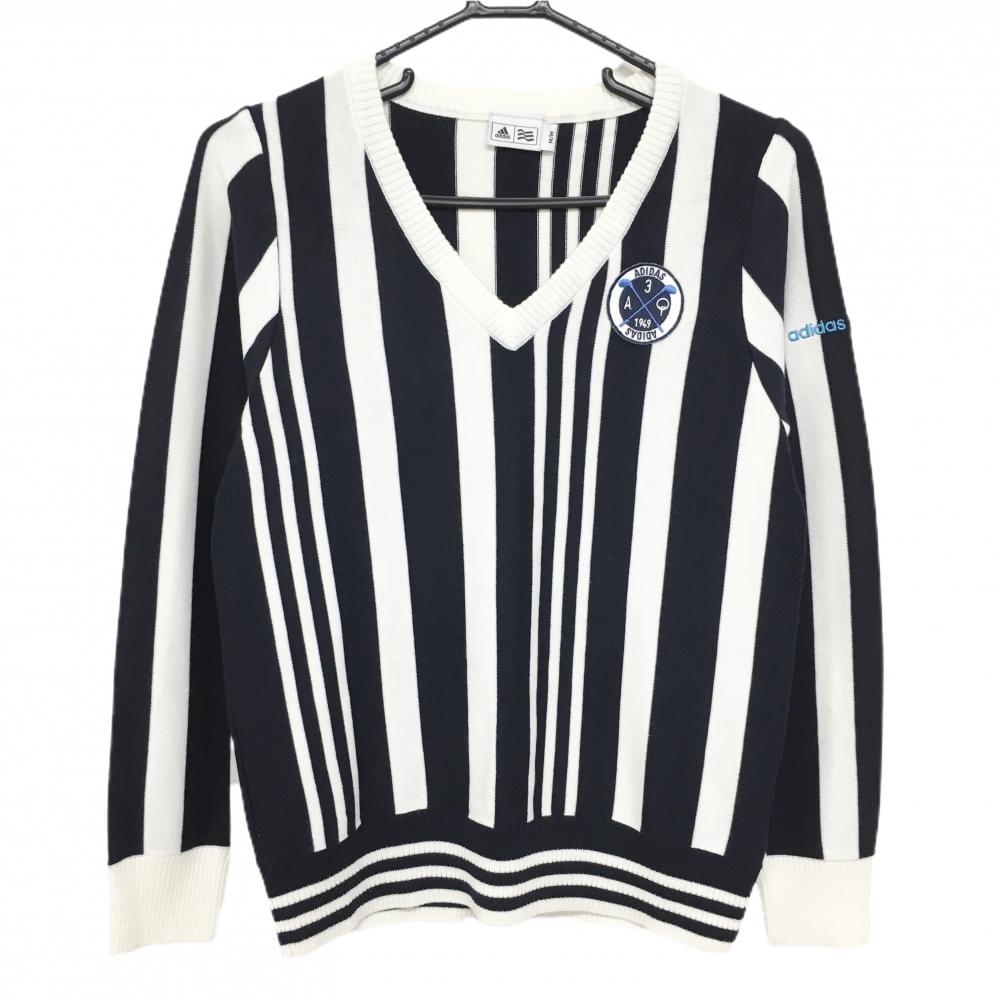 【超美品】アディダス セーター 白×ネイビー ストライプ Vネック ニット  レディース M/M ゴルフウェア adidas