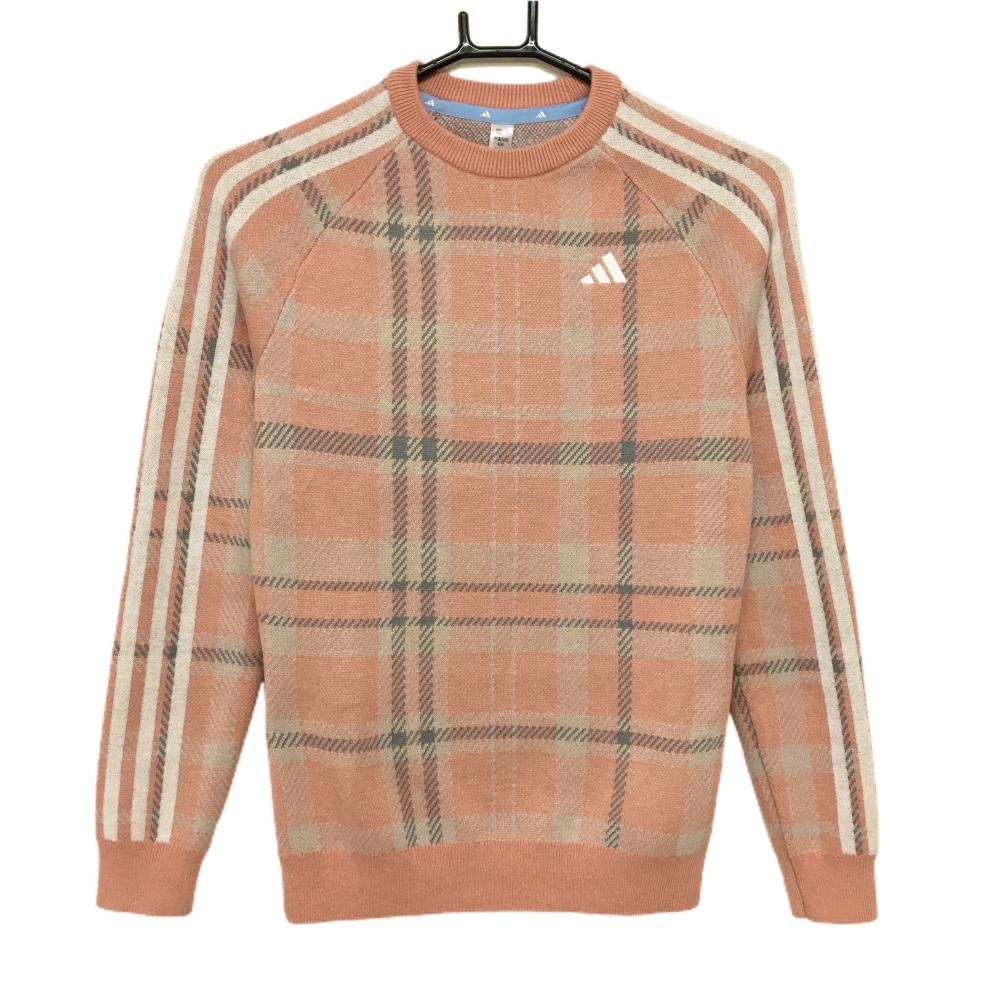 【超美品】アディダス セーター ピンク×白 チェック 袖3ライン ニット  レディース S ゴルフウェア 2023年モデル adidas