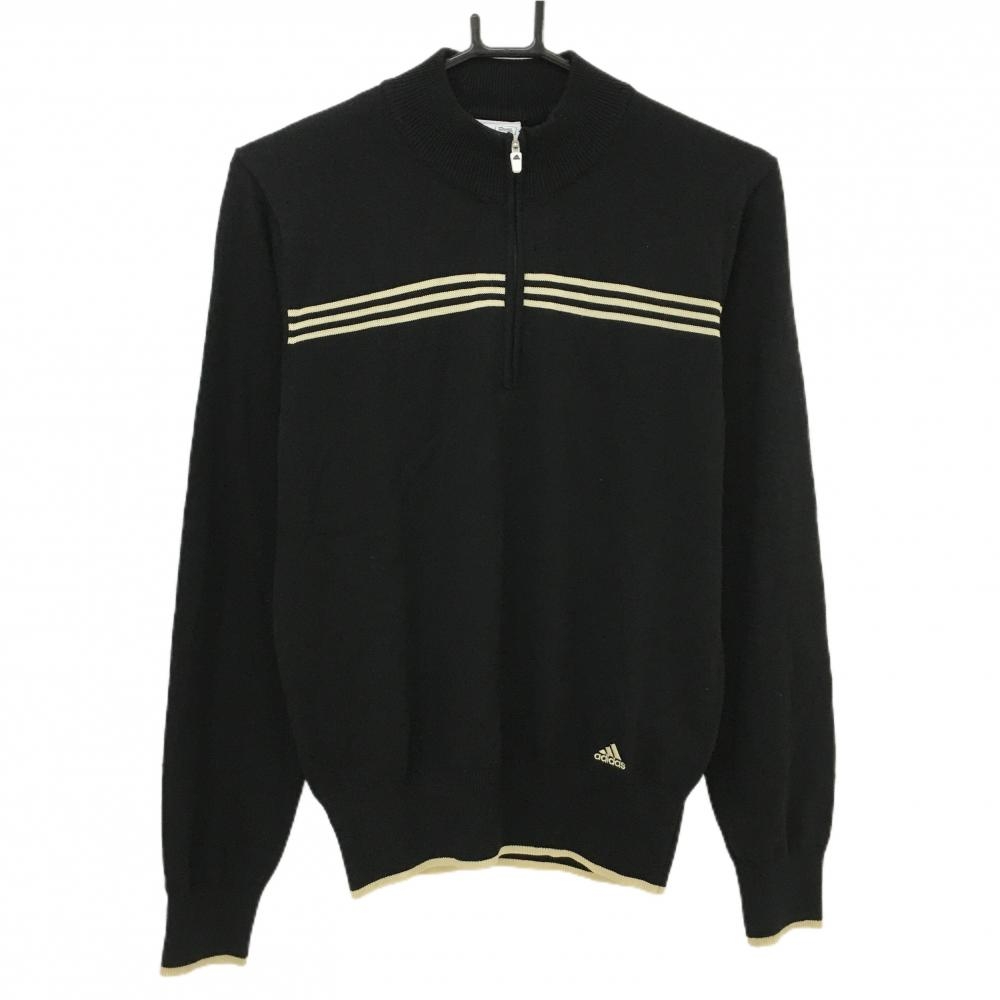 【新品】アディダス ハイネックセーター 黒×ライトベージュ 3ライン ハーフジップ コットン混 レディース M/M ゴルフウェア adidas