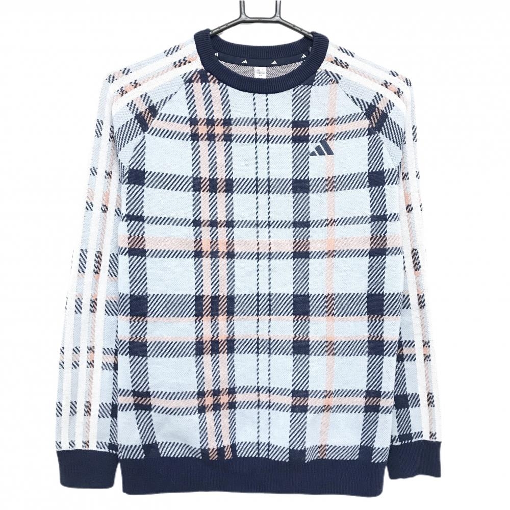 アディダス セーター ネイビー×ライトブルー チェック ニット レディース L ゴルフウェア adidas