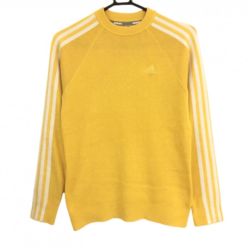 【美品】アディダス セーター オレンジイエロー系×白 ウール混 ニット 袖3ライン レディース M ゴルフウェア adidas