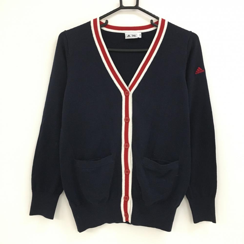 アディダス ニットカーディガン ネイビー×レッド×白 Vネック ポケット  レディース M/M ゴルフウェア adidas