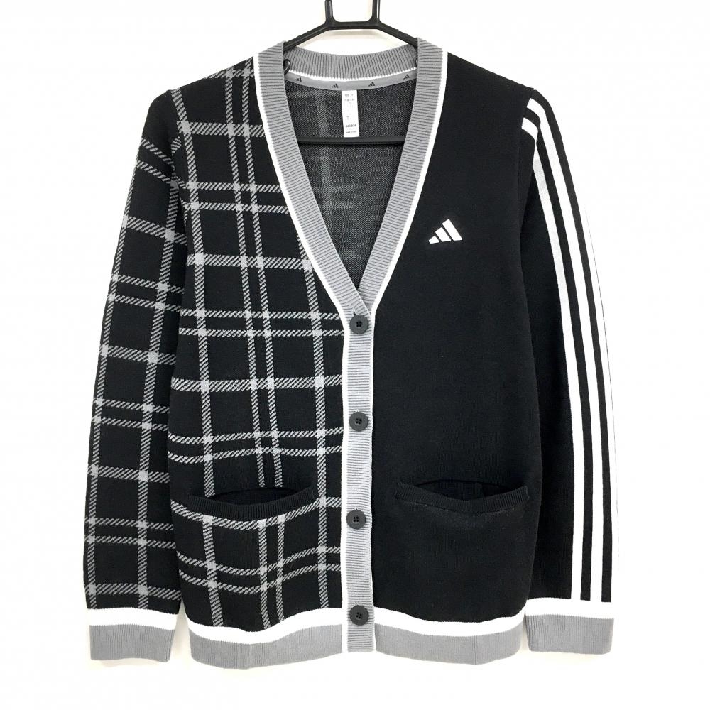 【未使用品】アディダス ニットカーディガン 黒×グレー 一部チェック柄 紙タグ付  レディース S ゴルフウェア 2024年モデル adidas