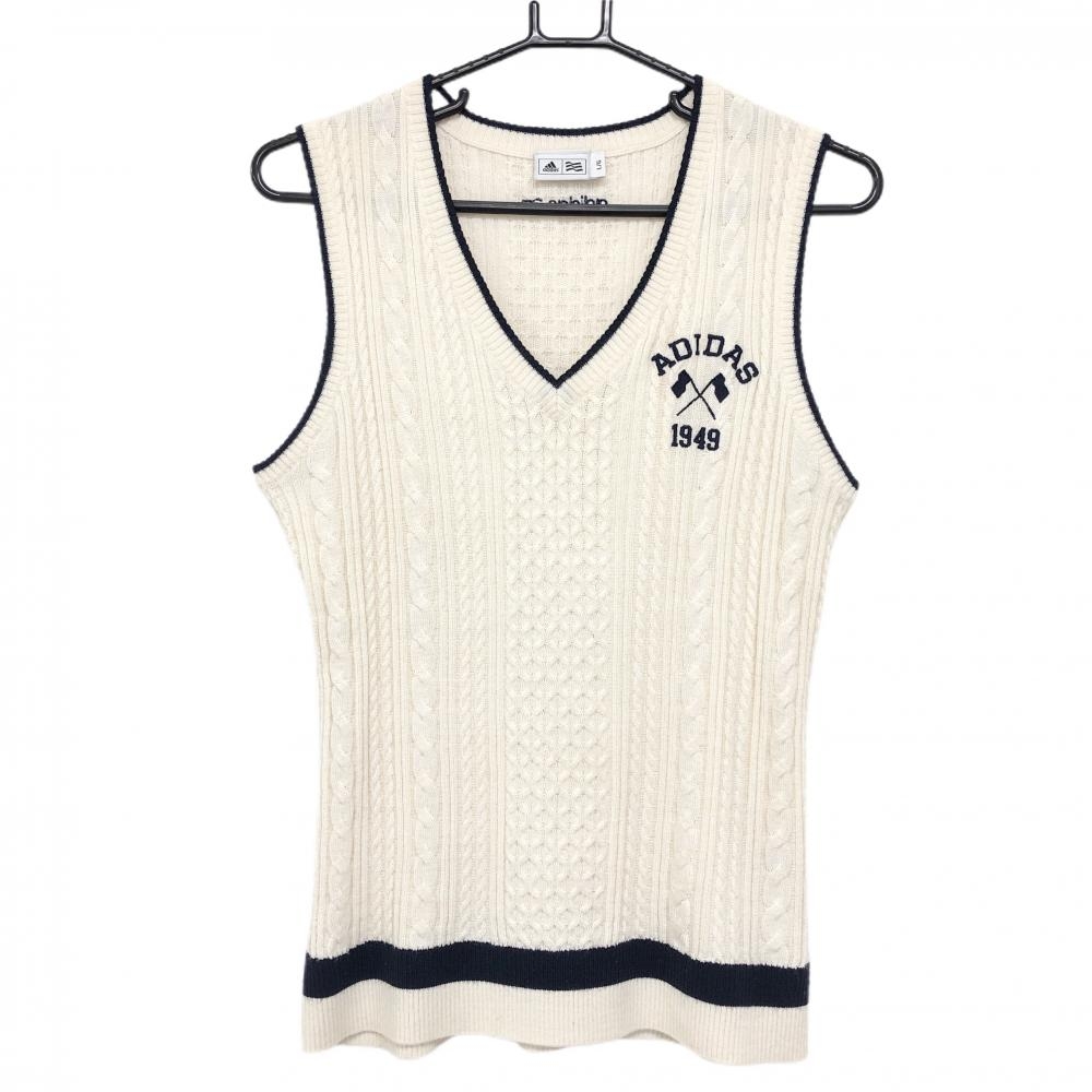 アディダス ニットベスト 白×ネイビー ケーブル編み Vネック ウール混 レディース L/G ゴルフウェア adidas