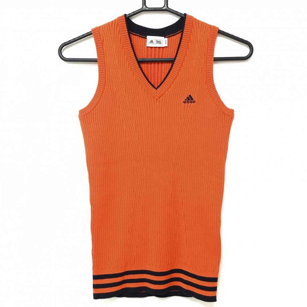 【美品】アディダス ニットベスト オレンジ×ネイビー リブ編み 胸刺しゅう レディース M/M ゴルフウェア adidas