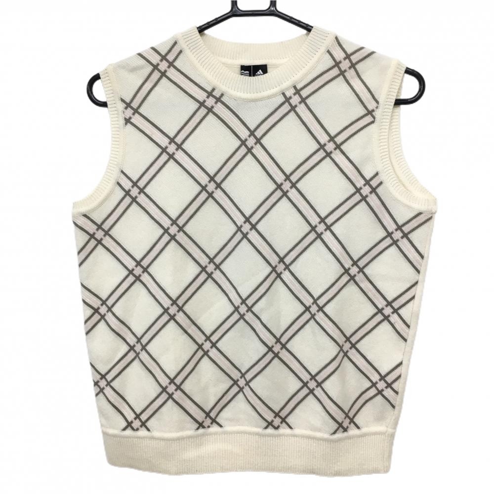 【美品】アディダス ニットベスト 白×グレー×ライトピンク 前面チェック ウール混 レディース OT/XG ゴルフウェア adidas