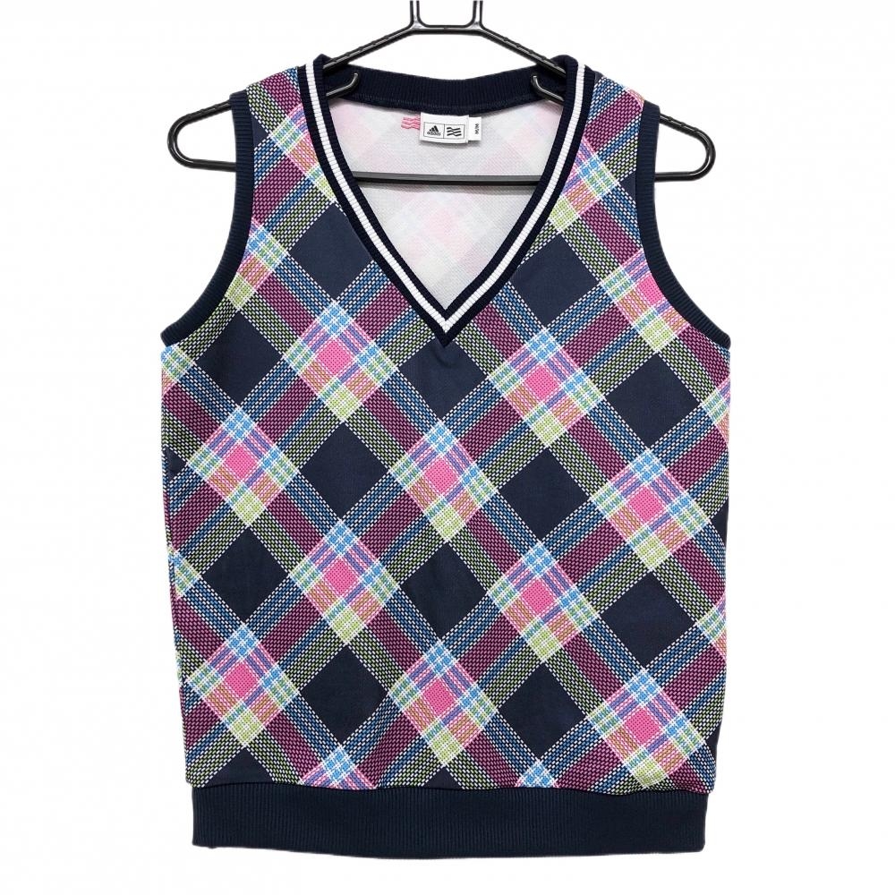 【美品】アディダス ベスト ネイビー×マルチカラー Vネック チェック レディース M/M ゴルフウェア adidas