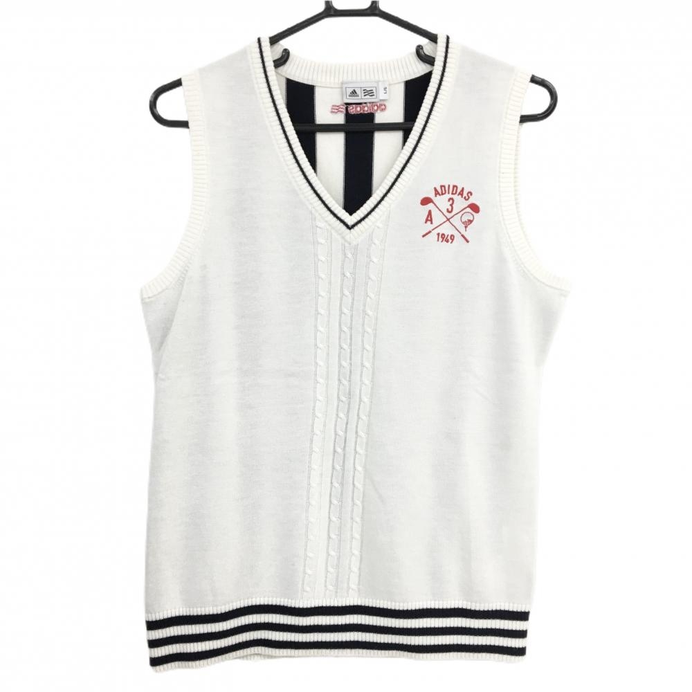 【超美品】アディダス ニットベスト 白×ダークネイビー 後ろストライプ 一部ケーブル編み ウール混 レディース L/G ゴルフウェア adidas